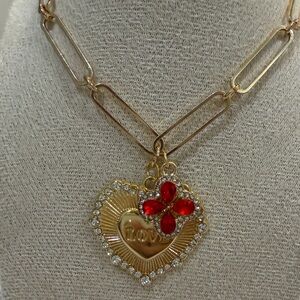 Gold Heart Paper Clip Necklace with Red Clover Pendant